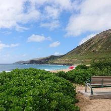 サンディビーチパークの海の景色をベンチから。