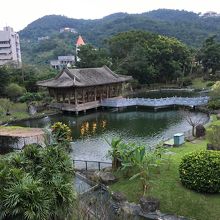 池のある広い庭園