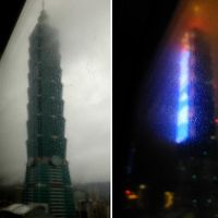 窓の端っこに見えた台北101は窓の汚れと雨で霞みがち。