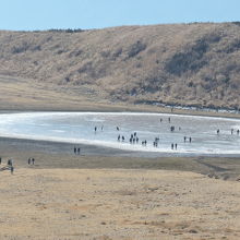 池の氷の上を歩いている人々