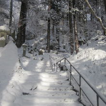 雪に埋もれた途中の石段の様子