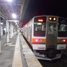 水上駅のホーム。とっぷり暮れて車窓は断念。