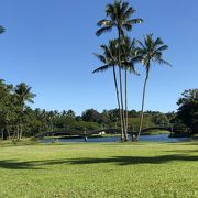 ワイロア川の流れ込むカメハメハ大王像のある美しい公園