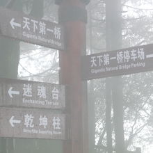 濃霧で案内標識もかすんでいる