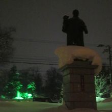 夜の武四郎像の様子（奥の緑が常磐公園石碑のライトアップ）