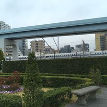 公園の東に見える首都高の高架