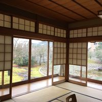 広い室内からは池のある庭園が見えます。