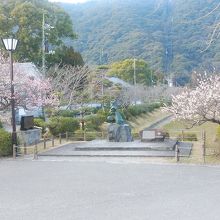 銅像両脇の白梅(右)、紅梅(左)も綺麗でした