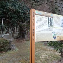 左奥に洞窟。右が説明板