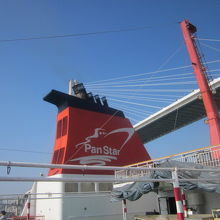 パンスタードリームのファンネルと釜山港大橋の様子