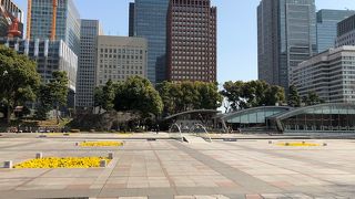 高層ビルと皇居の石垣に囲まれた公園