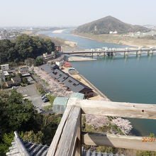 天守からの眺め。木曽川と桜、それに鵜飼の舟も見えます。