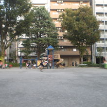 柳田公園の遊具の周りで、遊びに興ずる子供を見守る母親たちです