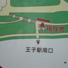 飛鳥山の案内図に、跨線人道橋へ階段を経て通じているとあります