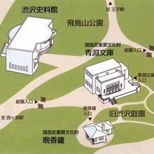 旧渋沢庭園内の概略の配置を記した略図です。広い庭園内です。