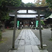 平塚神社の参道と鳥居です。奥の森の中に本社殿が見えます。