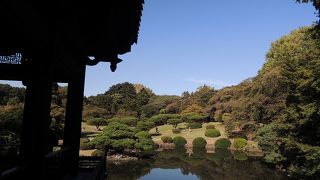 夏でも涼しさを感じる水辺の休息所、池越しに見る庭園はすばらしい