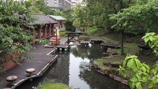 無料の足湯より上流のドクターフィッシュの方が賑わっている