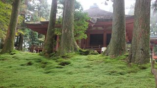 苔の絨毯の中に建つ「にない堂」