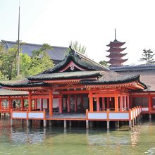 境内入口付近と背景に五重塔