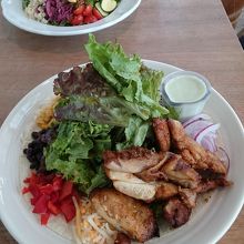 奥がビーガンサラダ、手前がチキンのランチ