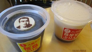 列車旅のおともに、西郷さんの顔が描かれたチョコののった桜島プリン!!