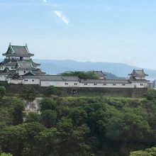 店内から外を見ると、窓の外に和歌山城。