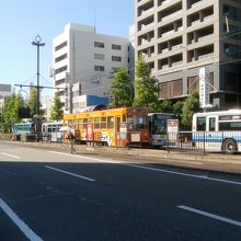 自動車と電車の併用道路だ