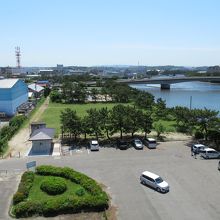 中の島大橋から北側公園の様子(手前が無料駐車場)