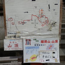 稲荷山山頂を示す手造りの看板です。