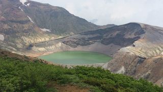 きれいなエメラルドグリーンの火山湖