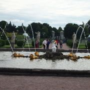 ぺテルコフ夏の宮殿の上の公園にある控えめな噴水