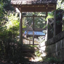 不動の瀧への階段を昇ると、さらに門が見えます。檜皮葺きの屋根