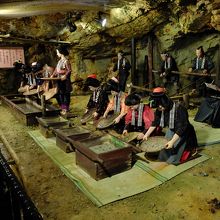 江戸時代の坑道には、当時働いていた人々の様子の展示も