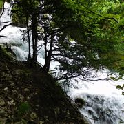 2つの湖の間を急な流れの滝があります。