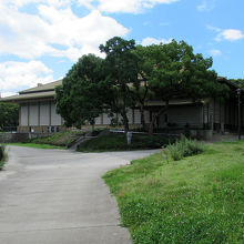あちらが「鴻臚館跡展示館」、左手は旧平和台球場跡です