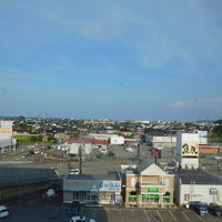 遠くに海が見えます。少し左の三角の構造物あたりが道の駅です。