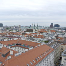 シュテファン大聖堂から見たミッテ駅(中央右寄り黒い建物)