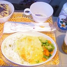 ポートモレスビー発シドニー行の機内食は遅めのランチ。