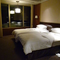 ベッドルーム、窓が大きくて開放的。左側の壁に大きなテレビが。