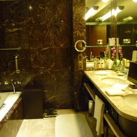 大理石でゴージャス。洗面台は2ボウル。