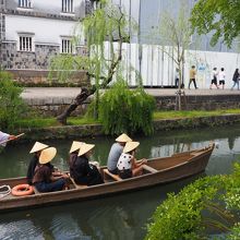 川の向こうに見える仮囲いとシートの覆われた建物が倉敷館