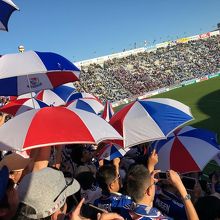 ビジターゴール裏でトリコロールパラソルを回す