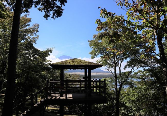 木々の中からのぞく、富士山と山中湖の眺めがすてき