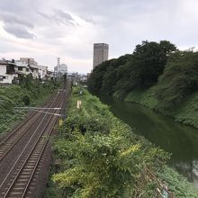 二ノ丸東大手門跡前の堀跡と城跡を横切る奥羽本線