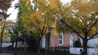 紅葉に映えるレンガの教会