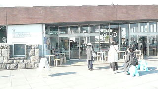 巨大観光船を展望できるカフェ。