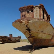 湖底だった砂地に幾艘も残された漁船。