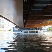 南東側の橋下からの様子(遊覧船の向こう側の橋台は工事中)