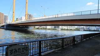 隅田川に架かる塔がオレンジ色の非常にシンプルな斜張橋です